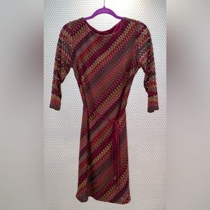 COPY - SANDRA DARREN Multicolor Zig Zag Retro 3/4” Sleeve Dress with Waist Tie …